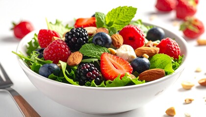 Bright, colorful fruit and nut salad in white bowl sits next to fork, against a clean, bright background