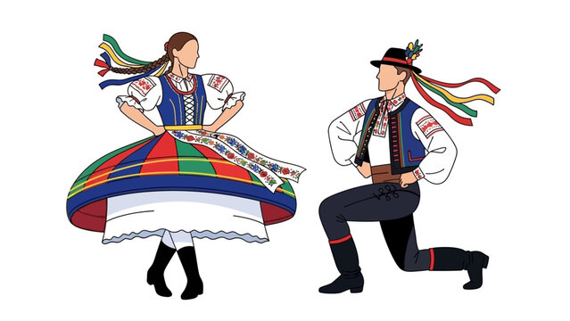 Traditional Folk Dance Couple Vector Illustration. Man and Woman Dancing in Ethnic Costumes