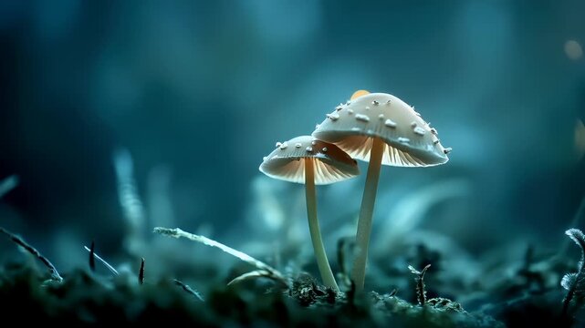 Spring booming. Life. New hope. Season. A closeup of a mushroom with water droplets on it. The mushroom is white with a slightly translucent cap. The background is a soft blue with bokeh effects.