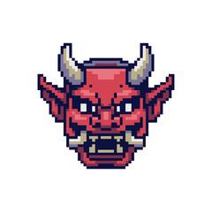Obraz premium Pixel Art Red Demon Face with Horns and Fangs.