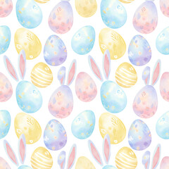 Soft Pastel Easter Eggs and Bunny Ears Seamless Pattern Background. Gentle Spring Holiday Repeatable Vector Design.