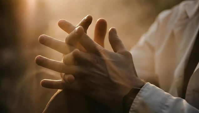 Hands clasped in prayerful gesture with light and devotion concept footage