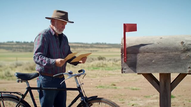Senior man in countryside puts letters in mailbox next to bicycle, nostalgic