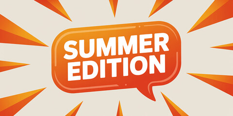 Orange speech bubble with Summer Edition text and radiating orange lines on cream background