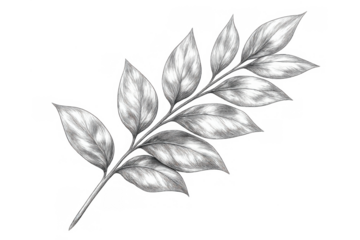 Botanical leaf branch hand drawing in pencil sketch style with monochrome foliage for design elements