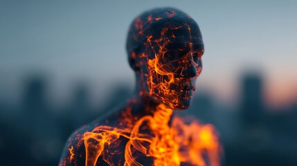 A striking representation of a transparent human figure illuminated by fiery veins, symbolizing the inner workings of the body against a city backdrop.