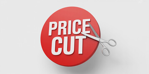 Price cut concept with scissors cutting a red circle with text Keywords: price cut, sale