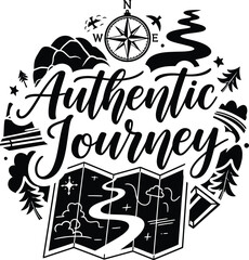 Vintage Authentic Journey typography emblem with map and compass vector illustration for travel adventure themes exploration branding and outdoor navigation graphic design concepts © Josnara