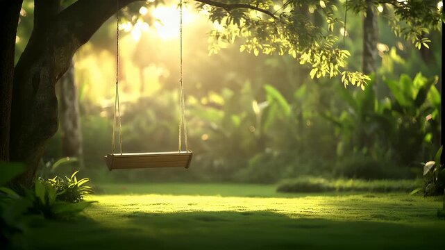 Spring booming. Life. New hope. Season. A tranquil, sunlit scene featuring a solitary swing set against a backdrop of lush greenery. The swing is suspended from a tree.