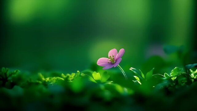Spring booming. Life. New hope. Season. A closeup of a pink flower with a blurred green background. The flower is in full bloom, with its petals spread out, revealing a vibrant pink hue.