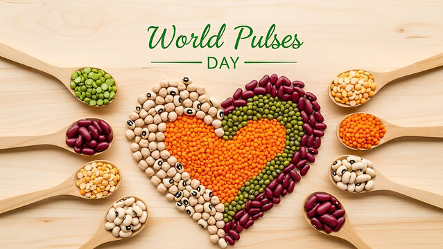 World Pulses Day concept with assorted legumes forming heart on wooden background