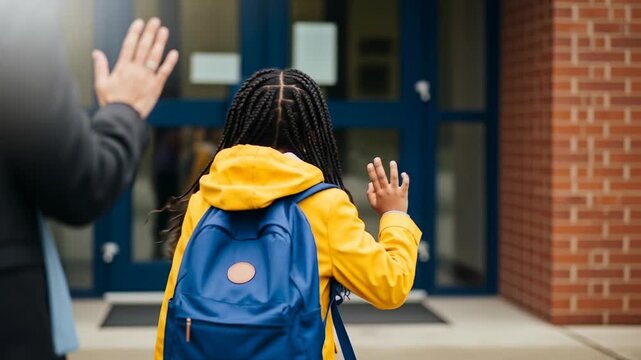 Happy African American girl waving goodbye to her parent before school. Young student with a backpack smiles as she enters the school building