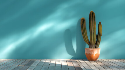 Minimal cactus in terracotta pot on blue wall with copy space