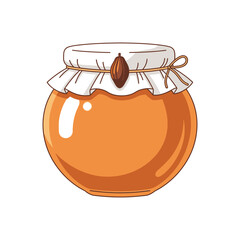 Jar of golden honey with white cloth lid and brown seed accent.