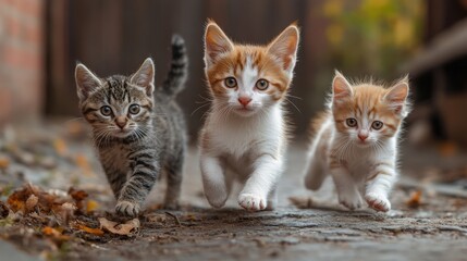 Three kittens run across a leaf-strewn pathway, with a blurred outdoor background.