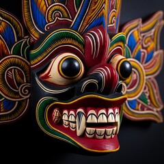 Close-up of a Sri Lankan traditional mask highlighting intricate hand-carved details and vivid folklore colors.