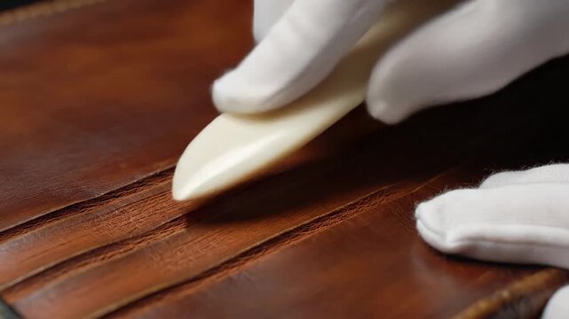 Skilled Artisan Using Bone Tool on Smooth Brown Leather Surface in Bright Workshop