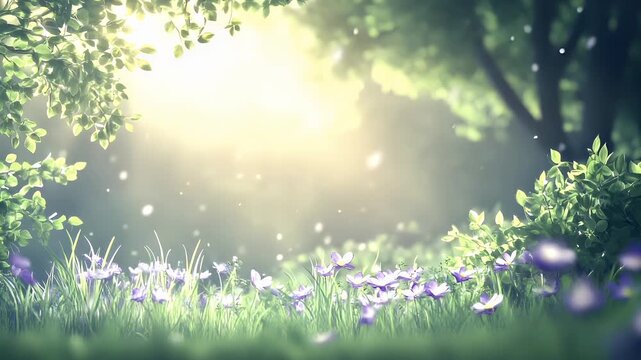 Spring booming. Life. New hope. Season. A vivid, digitally rendered scene of a lush meadow bathed in sunlight. The foreground is dominated by tall grasses.