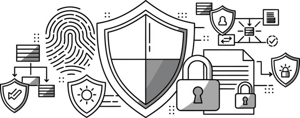 Conceptual illustration representing robust data security infrastructure including digital shields, biometric fingerprint scanning, encryption locks, and layered access controls for protection.