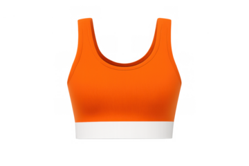 Orange sports bra mockup, athletic sport cropped tank top for active fitness women training, apparel on transparent background