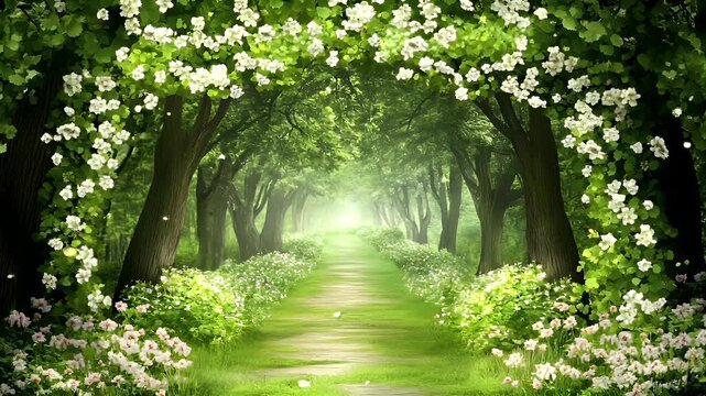 Spring booming. Life. New hope. Season. A vivid, naturethemed digital artwork featuring a lush, verdant forest path lined with blooming trees and flowers.
