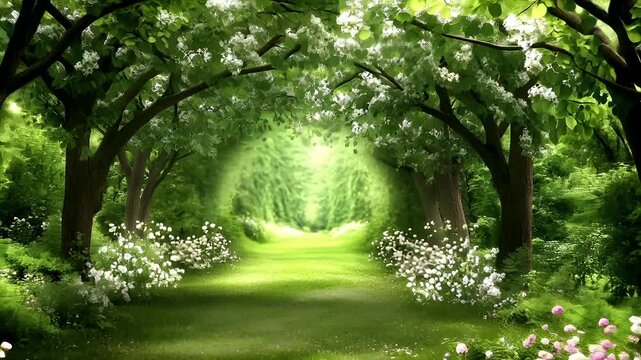 Spring booming. Life. New hope. Season. A vivid, digitally rendered, naturethemed digital artwork featuring a lush, verdant forest path lined with blooming trees.