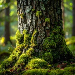 Obraz premium Close-up of a moss-covered tree trunk in a lush, green forest, illuminated by soft sunlight.