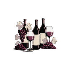 Three bottles of red wine with two glasses and grapes.