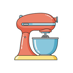 Red Stand Mixer with Blue Bowl Kitchen Appliance Illustration.