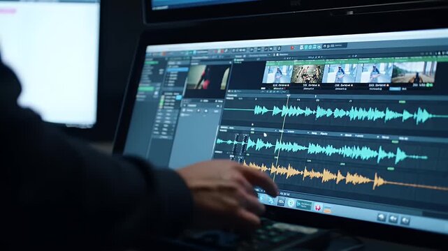 Video editing software interface with audio waveforms and timeline on computer screen.