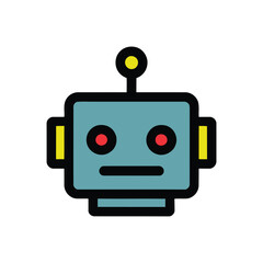 Cute cartoon robot head with red eyes and antenna.