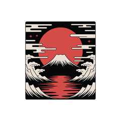 Mount Fuji with Red Sun and Waves Illustration.