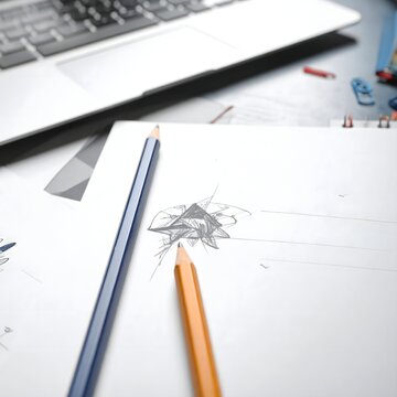 Creative Workspace with Sketchbook and Pencils Next to Laptop.