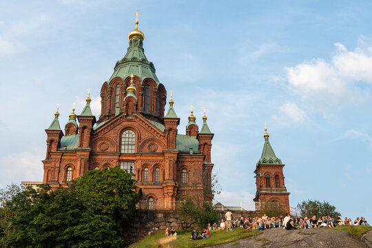 Uspenski Cathedral, the iconic red-brick Orthodox church of Helsinki, Finland, photographed in summer.