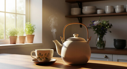 Ceramic teapot with steaming tea and cup on wooden table in cozy kitchen morning light