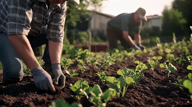 Spring booming. Life. New hope. Season. A closeup shot of two individuals engaged in gardening activity in a garden setting. The person on the left is wearing a plaid shirt and gloves.