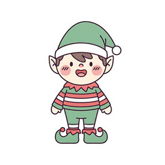 Cute cartoon boy elf wearing green hat and striped outfit  