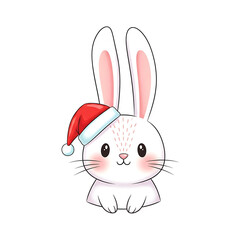 Cute white rabbit wearing Santa hat for Christmas celebration  
