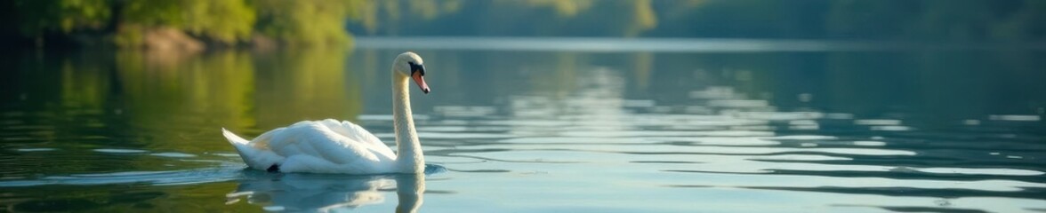 Obraz premium Single swan swimming, tranquil lake background, avian fauna, elegant