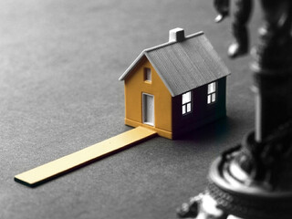 Miniature yellow house with ramp on dark surface miniature house