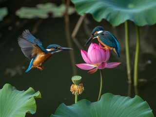 Two Kingfishers Interact Near a Pink Lotus Flower bird