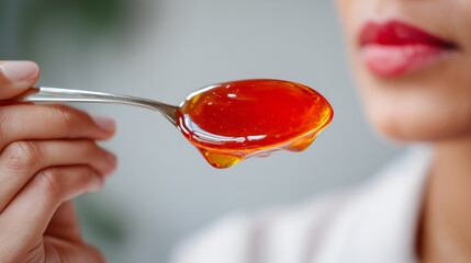 Hand holding spoon gummy jelly dessert translucent glossy texture orange red. Woman lips background. Elastic bouncy agar gel sweet food vibrant. Modern aesthetic trendy culinary wellness lifestyle.