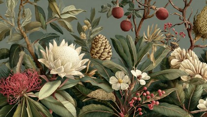 Obraz premium Lush Vintage Botanical Wallpaper: Exotic Jungle Flora Illustration featuring Protea, Waratah, Tropical Leaves, and Pinecones in Rich Muted Green and Cream Tones