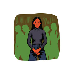 Woman standing confidently in front of a crowd of people.