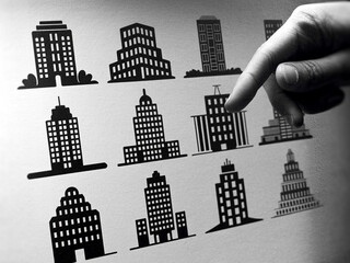 Finger pointing at building icons on a white surface