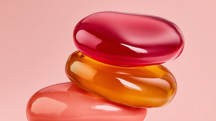 Jelly blush lip gloss texture stacked wavy shapes glossy translucent cosmetic. Bouncy gel beauty product red orange coral gradient tones. Modern elastic skincare swatch aesthetic minimalist stack.