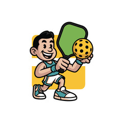 Cartoon Man Playing Pickleball Holding Paddle and Ball.
