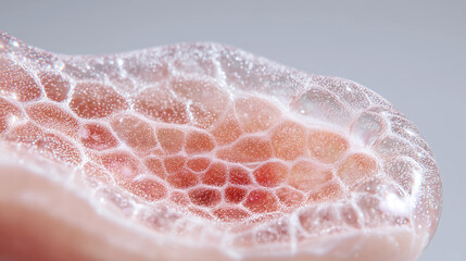 Fototapeta premium Artificial skin tissue cellular structure bioengineered for human transplantation. Synthetic epidermis membrane layer, regenerative medicine innovation, biotechnology scaffold for wound healing.
