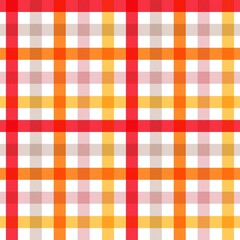 A seamless, repeating gingham or checkered pattern featuring a vibrant color palette of red, orange, yellow, and white. The design is simple, classic, and ideal for use as a background, textile print,