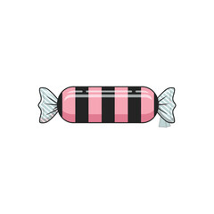 Striped candy wrapped in pink and black packaging.